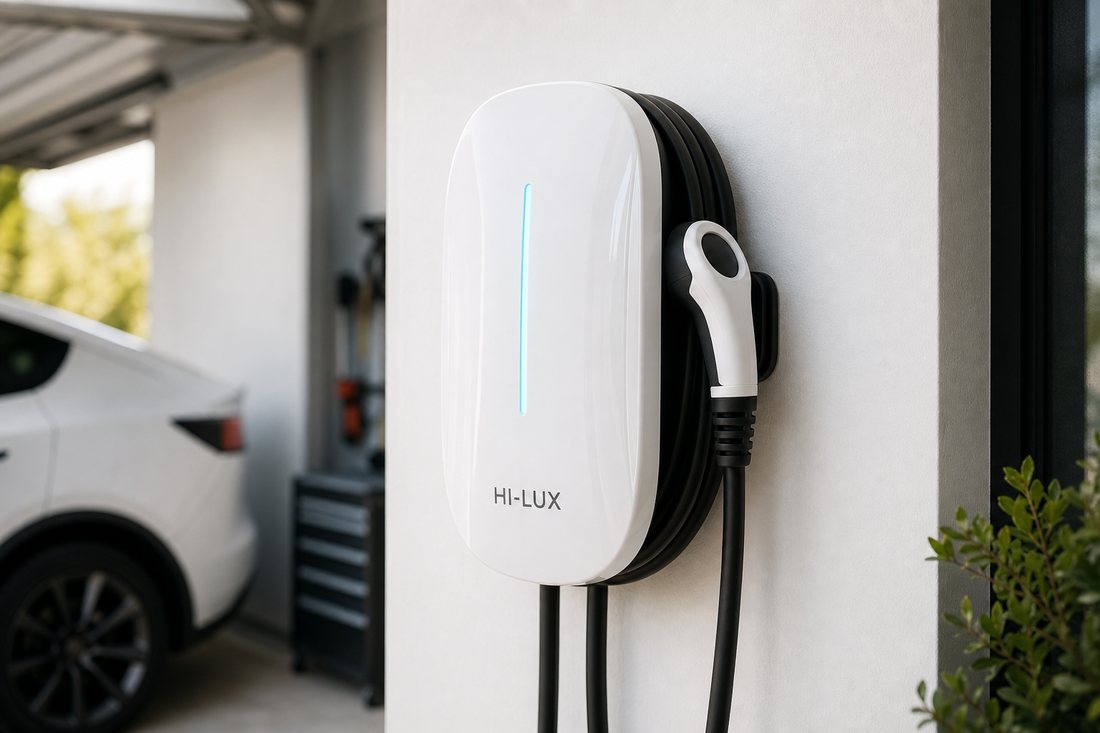 White HI-LUX EV charger mounted in a modern garage