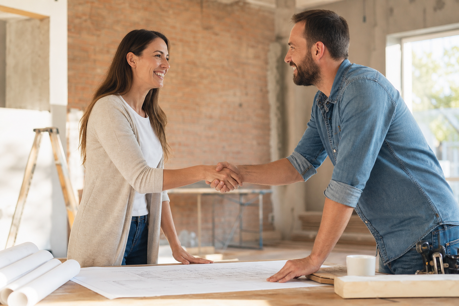Homeowner shaking hands with Energy Star Builders at a renovation consultation